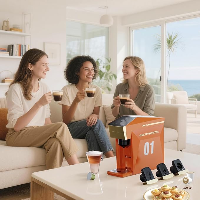 BENFUCHEN 4 in1 Single Serve Coffee Maker 19 Bar Espresso Coffee Machine For KCup/Nespre sso OriginalLine Capsules/Ground Coffee Single Cup Coffee Brewer 1400W Fast Brew in 1 Minute Vibrant Orange