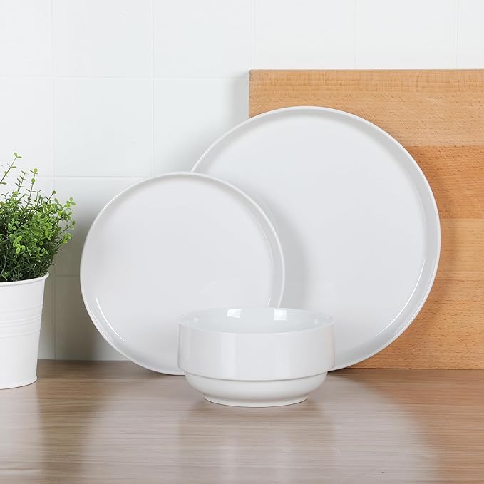 Gibson Home Rothernberg 18-Piece Stackable Porcelain Dinnerware Set Service for 6 – White Plates and Bowls Microwave &amp Dishwasher Safe
