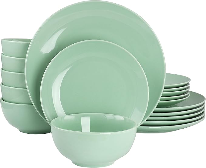 18 Piece Porcelain Dinnerware Set in Green Solid Casual Round Dishwasher Safe
