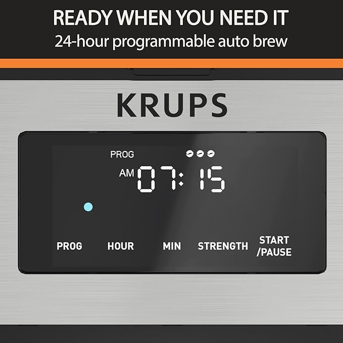 Krups Simply Brew Stainless Steel and Thermal Carafe Drip Coffee Maker 12 Cup Programmable Customizable Digital Display Insulated Coffee Filter Dishwasher Safe Drip Free Silver and Black