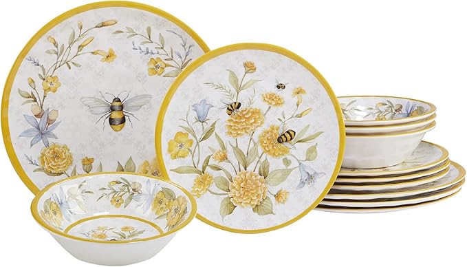 Certified International Bee Sweet 12-Piece Melamine Dinnerware Set Service for 4 Bee &amp Floral Plates and Bowls Durable Shatterproof Outdoor Tableware for Spring &amp Summer Entertaining