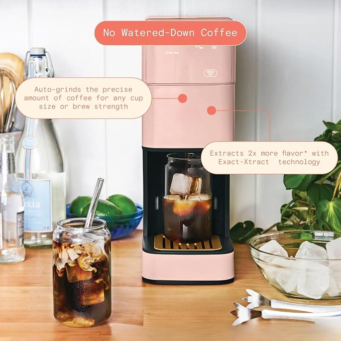 Perfect Grind Single Serve Coffee Maker built-in grinder 6 sizes 3 strengths pod-free reusable filter 64oz reservoir touch display hot &amp iced brew. (Rose)