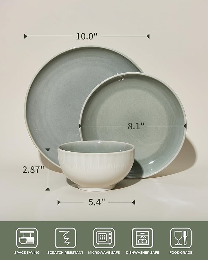 Stoneware Dinnerware Sets Service for 12 36 pcs Reactive Glaze Plates and Bowls Sets Handmade Ceramic Dish Set Highly Chip and Crack Resistant Modern Plate Set Gradient Green