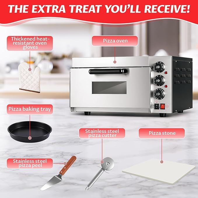 Commercial Pizza Oven 16 Inch Countertop Electric Pizza Oven with Pizza Stone Max Temperature Up to 662°F Stainless Steel Fast Baking Pizza Maker 1400W Energy Efficient Easy to Clean