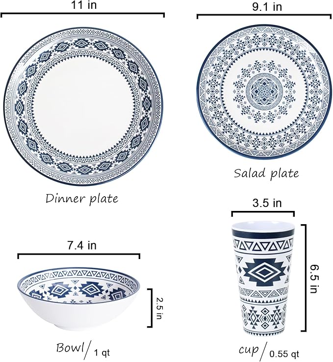 Melamine Dinnerware Set for 4-16 Pcs:Camping Dishes Set with Dinner PlatesSalad Plates Bowls and Cups.Lightweight and Unbreakable.Indoor and Outdoor Use.