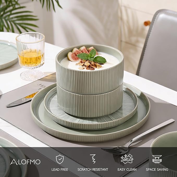 Dinnerware Sets for 4 Ceramic Plates and Bowls Set 12 Piece Dinnerware Chip Resistant Stoneware Dishwasher and Microwave Safe-Green