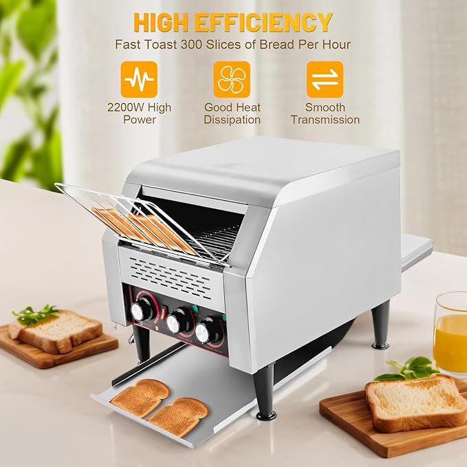 Commercial Conveyor Toaster 300 Slices/H Stainless Steel 2200W Electric Toaster Oven 7 Shade Settings Heavy Duty Conveyor Belt Bread Oven for Bagels Bread Donuts Sandwiches