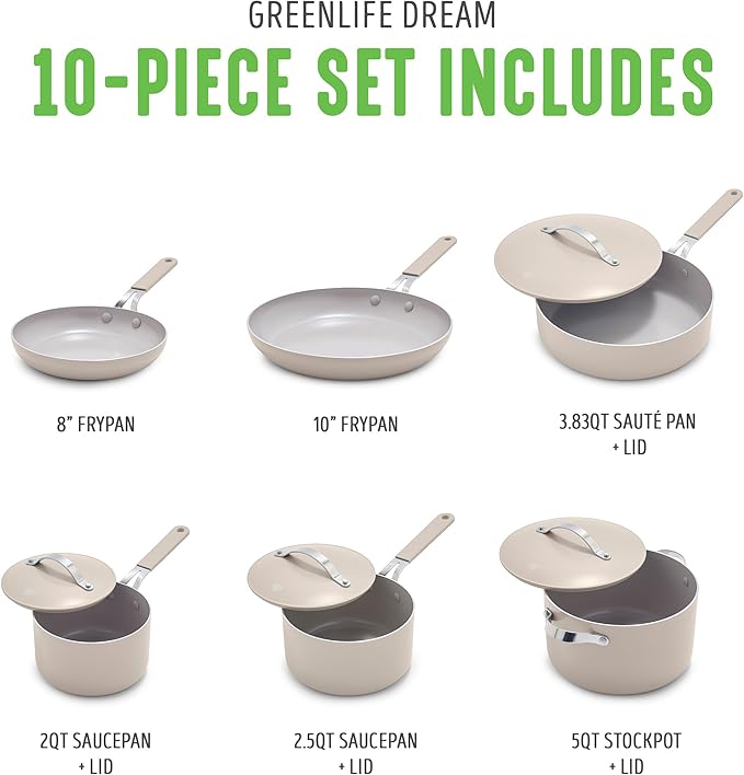 GreenLife 10-Piece Nonstick Ceramic Cookware Set Lightweight Healthy PFAS-Free Pots &amp Pans with Lids Dishwasher &amp Oven Safe Durable Body Silicone Stay-Cool Handles Easy Release Taupe