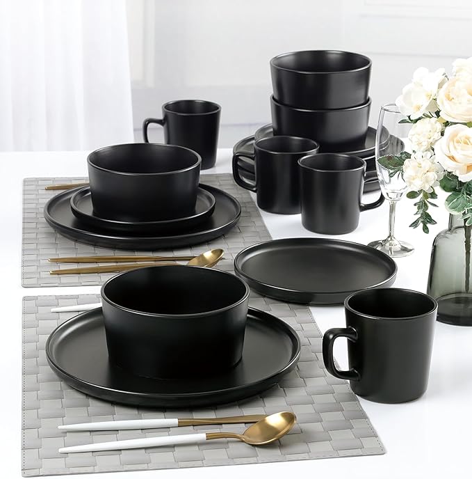 16 Piece Stoneware Dinnerware Set – Modern Matte Finish Plates and Bowls Microwave &amp Dishwasher Safe Service for 4 (Black)