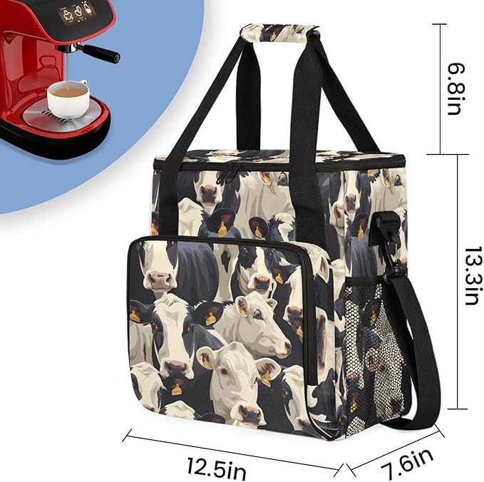 Cute Cow Print Coffee Maker Carring Bag Large Insulated Storage Organizer Case Tote Bags with Shoulder Strap for Travel Work Picnic
