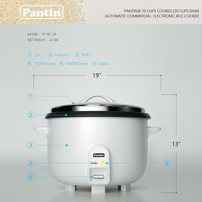 Pantin Commercial Electric Rice Cooker – 35 Cups Raw / 70 Cups Cooked Capacity w/Measuring Cup &amp Scoop – High-Efficiency Large Rice Cooker Commercial Rice Cooker for Restaurants Hotels and Cateri