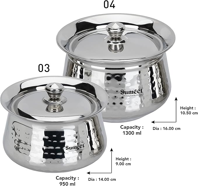 Sumeet Stainless Steel Handcrafted Hammered Texture Handi Set with Lid for Kitchen Set of 2 950ml &amp 1300ml Silver
