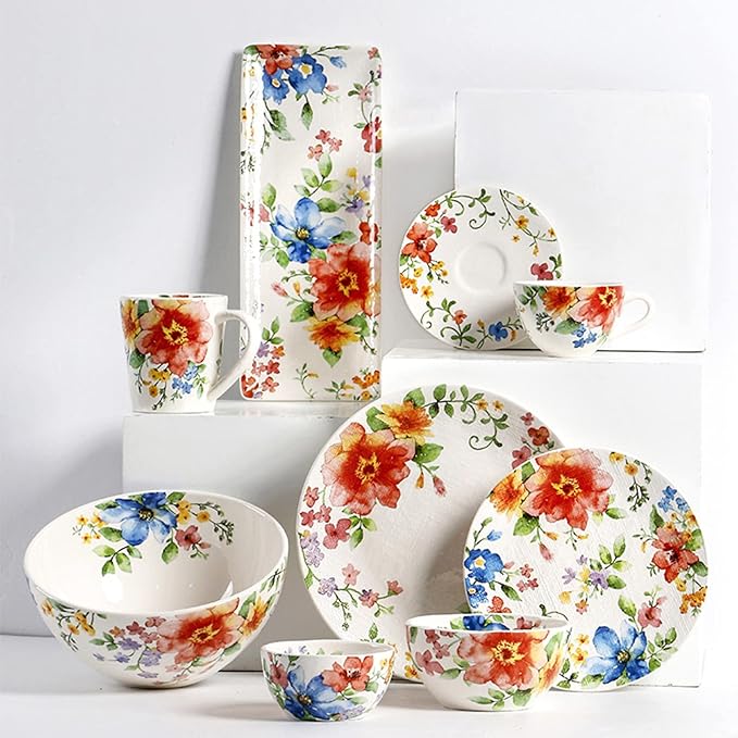 Palace Style 24 Piece Porcelain Dinnerware Set Service for 4 Plates and Bowls Sets Ceramics Dishes Dinnerware Sets with Dinner Plates Dessert Plates Bowls