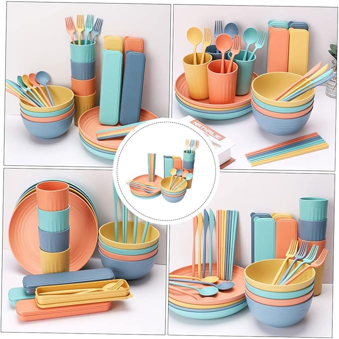 Healifty 4Sets Portable Wheat Straw Cutlery Set Dinnerware for Cereal Soup and Salad Microwavable Kitchen Supplies Creative Tableware for Quick Meals