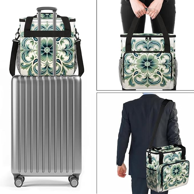 Green Floral Design Coffee Maker Travel Bag for Keurig K-Mini/K-Mini Plus Insulated Waterproof Tote with Pockets for K-Cup Portable Single-Serve Brewer Case