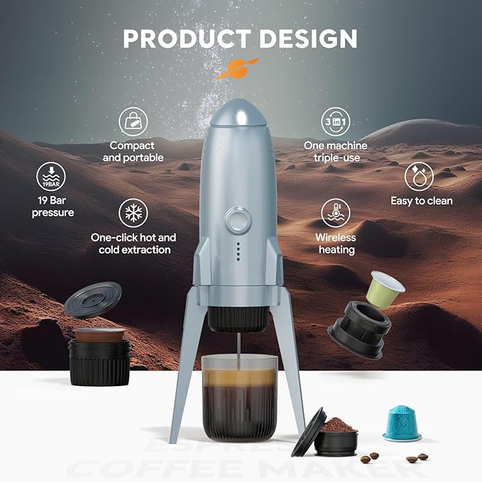 Portable Electric Espresso Machine Travel Coffee Maker for Camping 3 in 1 Self-Heating for Ground Coffee &amp DG NS Capsule Pods For Travel Camping and Hiking (Bright White)