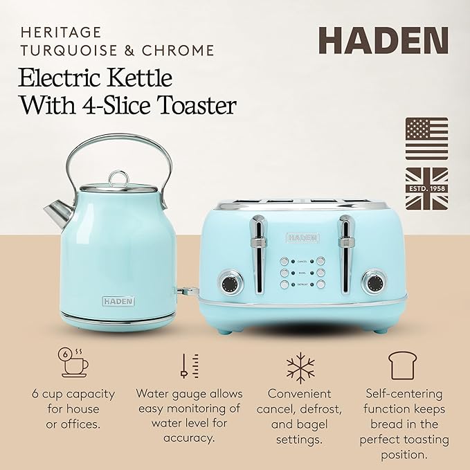 Haden Heritage 4 Slice Wide Slot Stainless Steel Toaster Bundled with 1.7 Liter Stainless Steel Electric Water Kettle Turquoise &amp Chrome
