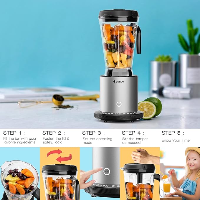 COSTWAY Professional 64oz Countertop Blender Smoothie Maker Built-in Self-Cleaning with 10 Speed Control &amp 8 Pre-Set Programs Pitcher Crushing Blender for Smoothies Frozen Fruit 1500W
