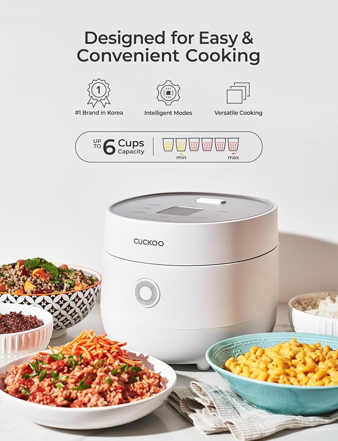 CUCKOO Micom Rice Cooker 6-Cup Uncooked / 12-Cup Cooked with Nonstick Inner Pot Versatile Rice Maker with 9 Menu Options Fuzzy Logic Technology Auto Clean Quick Rice Mode White (CR-0675FW)