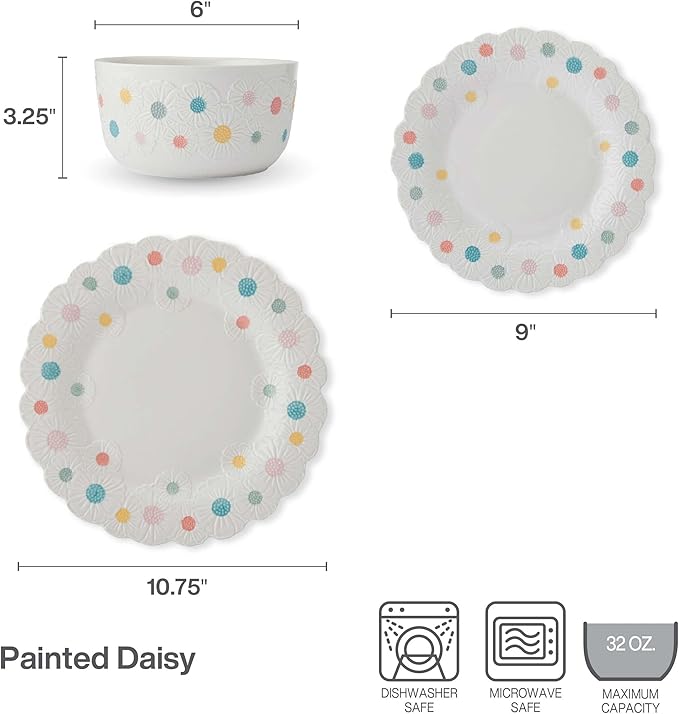 Darbie Angell Painted Daisy 12 Piece Plate and Bowl Dinnerware Set Durable Service for 4 Floral Design Modern Tableware