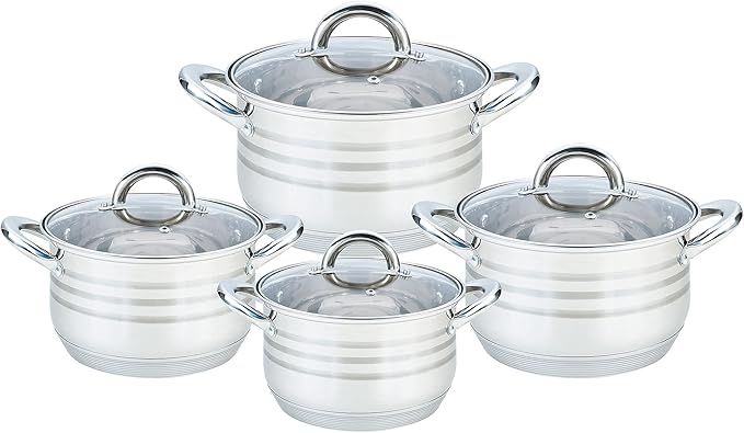 Maestro MR-3513-8 Stainless Steel Cookware Set 8 Pieces Induction 4 Saucepans 4 Glass Lids Suitable for All Kinds of Kitchens Dishwasher Safe