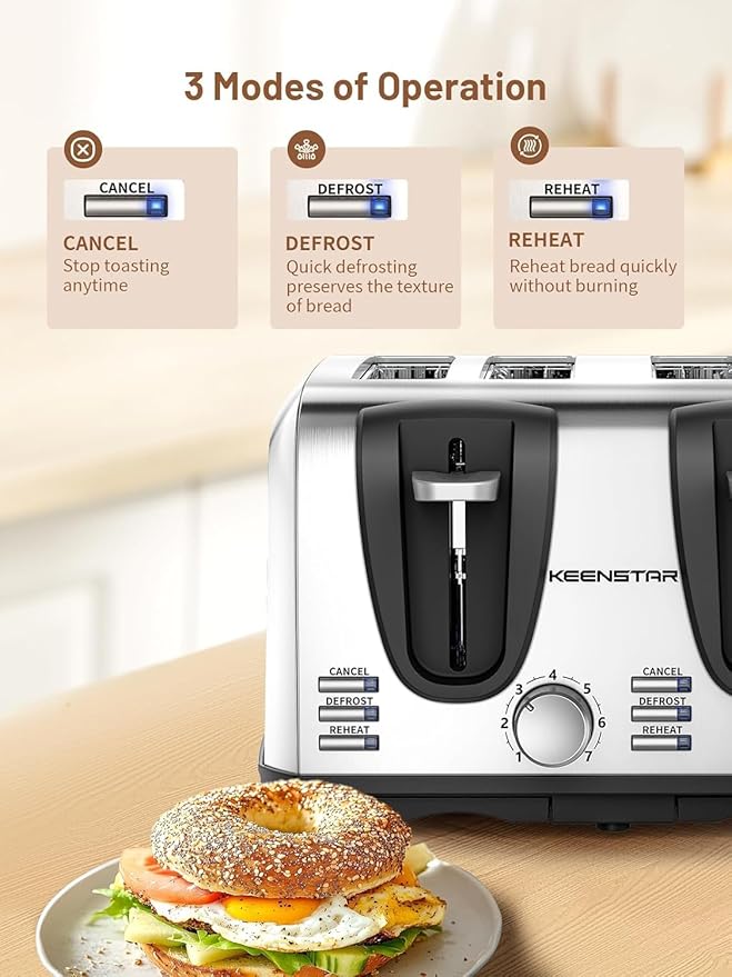 Keenstar Toaster 4 Slice Bread Toaster with Dual Control Panels Extra-Wide Slot of Bagel/Defrost/Cancel Function 7 Toasting Bread Shade Settings Removable Crumb Trays Auto Pop-Up Stainless Steel
