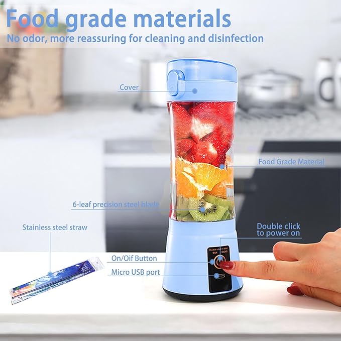 13.5oz Portable Blender for Smoothies Shakes and Juices - USB Rechargeable Mini Blender Cup With Protection Design for Home Office Outdoors - Multi-purpose BM1-B1