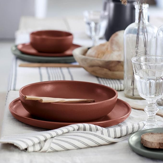 Casafina Ceramic Stoneware 18-Piece Place Setting Service for 6 with Pasta Bowls - Pacifica Collection Cayenne | Microwave &amp Dishwasher Safe Dinnerware Set | Food Safe Restaurant Quality Tablewar