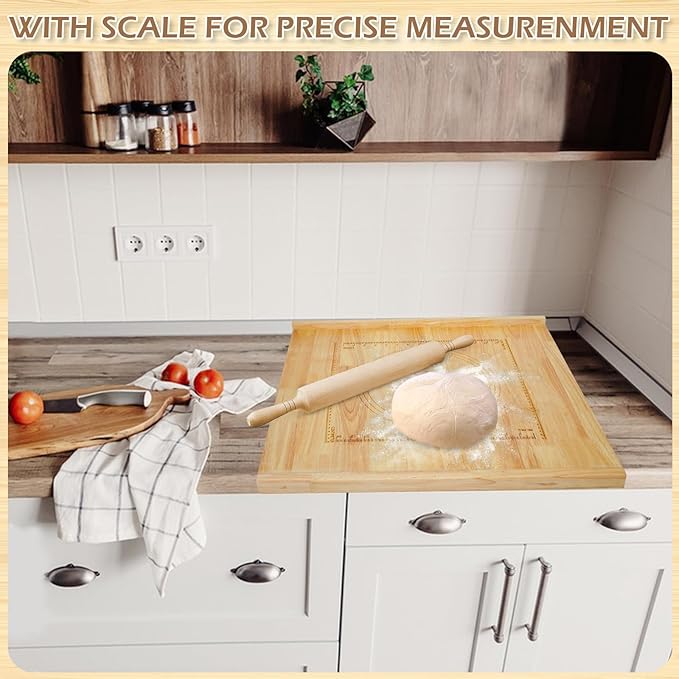 24 x 20 Reversible Wooden Pastry Board Wood Pasta Board with Lip Bread Board Cutting Board Chopping Board Pie Board with Engraved Ruler for Counter Top Kitchen-Wood