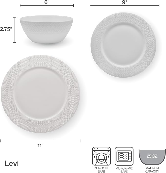 Mikasa Levi Bone China Lightweight Chip Resistant 12 Piece Dinnerware Set Service for 4