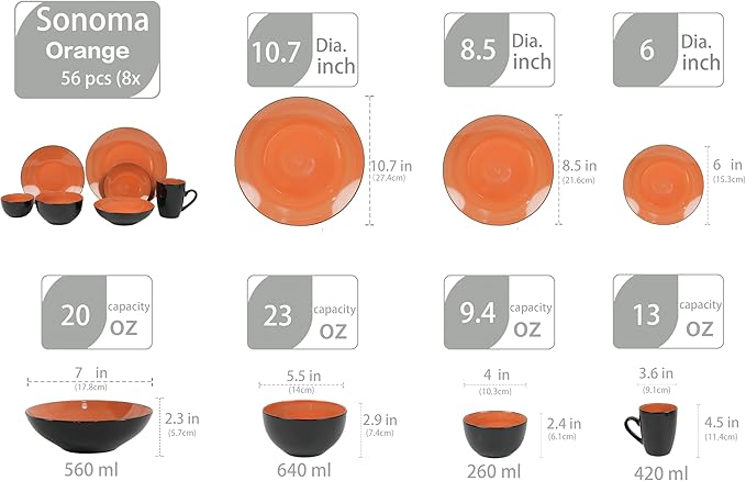 Stoneware Sonoma 56pc Dinnerware Set Black + Speckled Spin Wash Orange