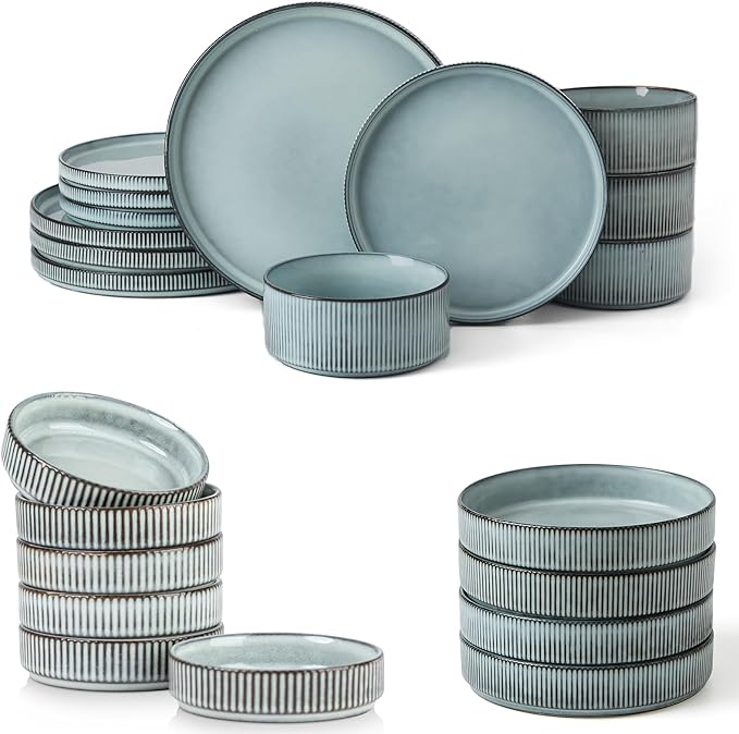 Famiware Dinnerware Set for 4 (12 Piece) and 7.5 Paste Bowl Set (4 Piece) and 4oz Dipping Bowl Set (6 Piece) - Star Stoneware Dishes - Smoky Blue