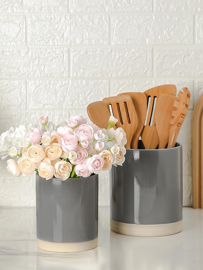 Famiware Mars Plates and Bowls Set of 12 and Milkyway Kitchen Utensil Holder for Countertop Set of 2 14 Pieces Dinnerware Sets Dark Gray