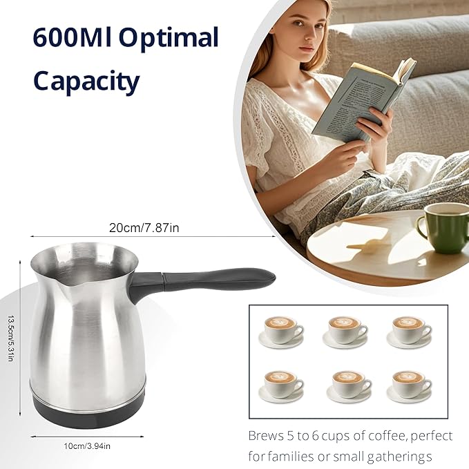 Gugxiom Turkish Coffee Maker 600ML Stainless Steel Turkish Coffee Maker Kettle with Anti Scald Handle Electric Turkish Coffee Pot Heating Tea Maker Kettle for Arabic Tea Milk