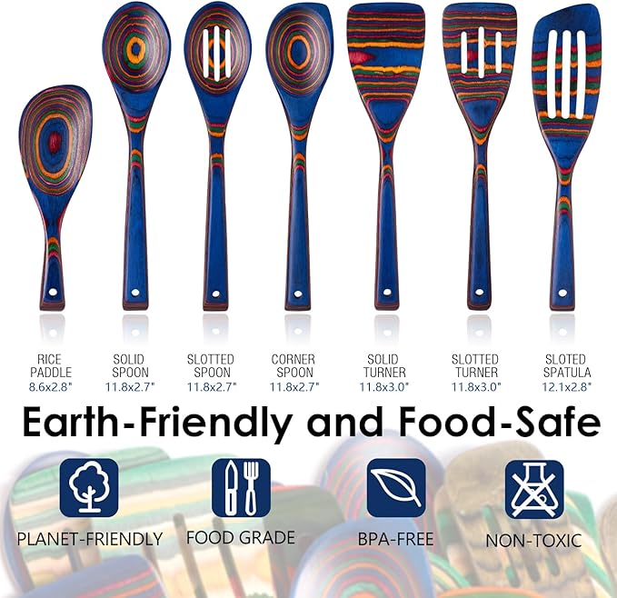 Wooden Spoons for Cooking Pakkawood Kitchen Utensil Set Spectrum Color Premium Durable Wooden Utensils for Nonstick Cookware Heat Resistant Smooth Finish Comfortable Grip 7 Piece