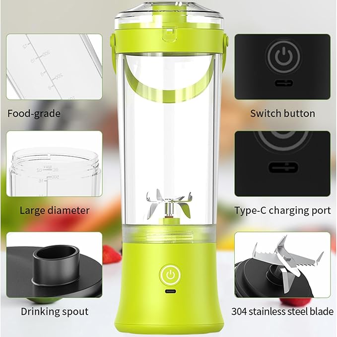 USB Rechargeable Portable for Shakes 18oz Leakproof Blender Bottle with Stainless Steel Blade Mini for Travel Office Gym &amp Family Use (White)