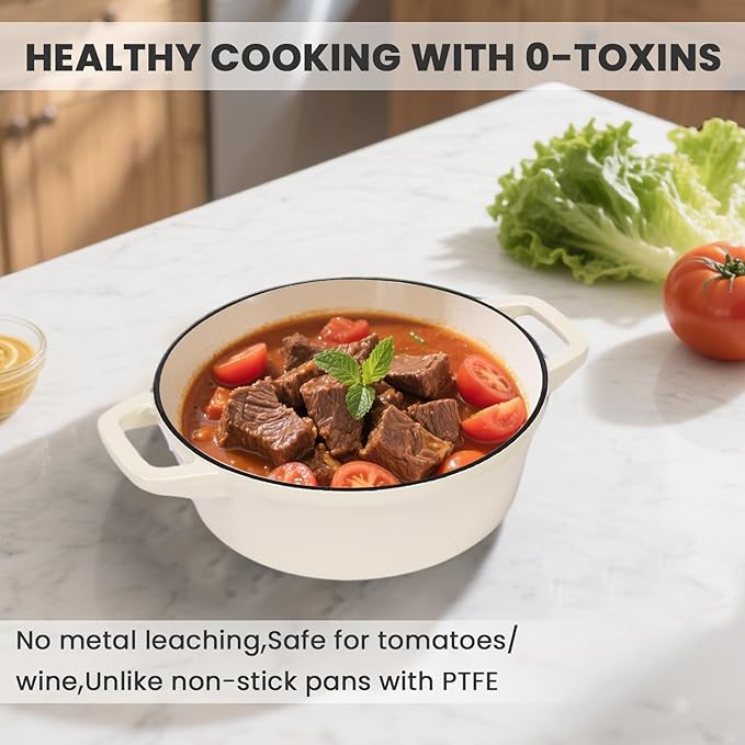 Hisencn Stackable Enamel Cookware Set 5-Piece – 5.2QT Pot with Lid 10-in Skillet 4QT Frying Pan with Universal Glass Lid Space-Saving Design Oven and Stovetop Safe (Up to 500°F) Cream White