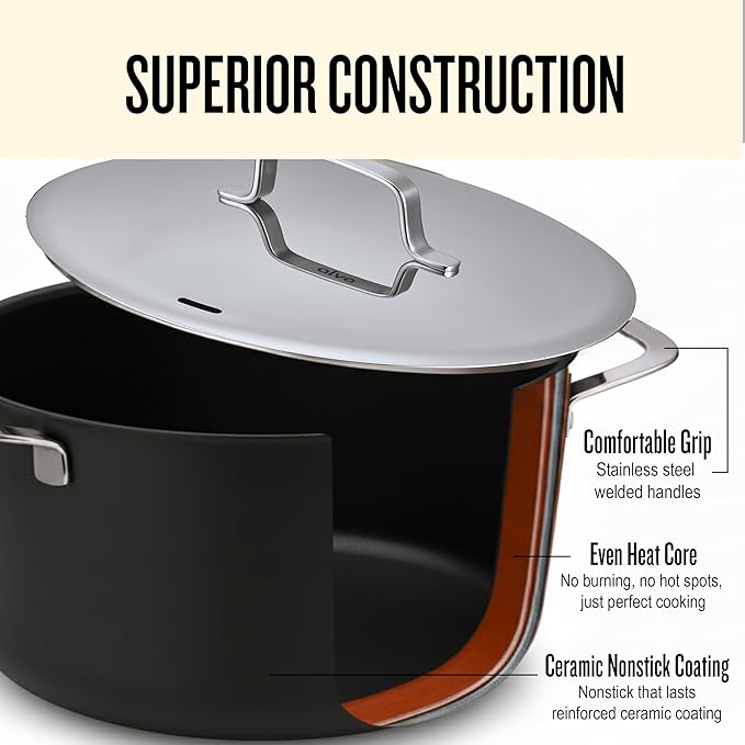 Alva Maestro 7-Piece Ceramic Nonstick Cookware Set – Made Without PTFE PFOA PFAS Non-Toxic Pots &amp Pans with Lids – Induction &amp Oven Safe to 400°F – Even Heat Easy Clean Durable Aluminum