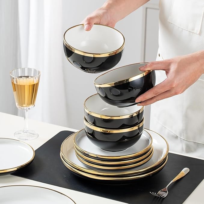 Black and Gold Ceramic Dinnerware Sets for 4 16-Piece Luxury Plates and Bowls Sets with Gold Rim Modern Dish Set for Wedding Christmas Anniversary Crack Resistant | Dishwasher Safe (Black)