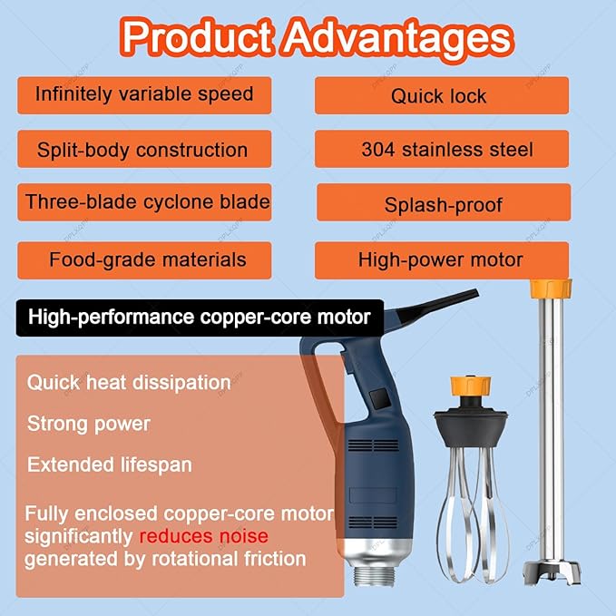 Heavy-Duty Commercial Immersion Blender304 Stainless Steel Cyclone Blades &amp Copper MotorVariable Speed Control for RestaurantKitchenCatering (30/40/50cm Shaft Options) 750W-50cm