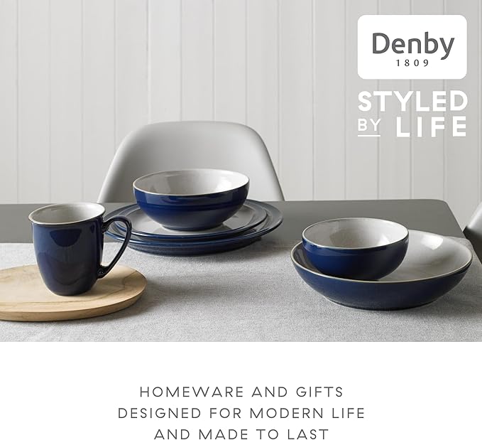 Denby - Elements Dark Blue Dinner Set For 1-4 Piece Ceramic Tableware - Dishwasher Microwave Safe Crockery Single Place Setting - 1 x Dinner Plate 1 x Small Plate 1 x Cereal Bowl 1 x Coffee Mug