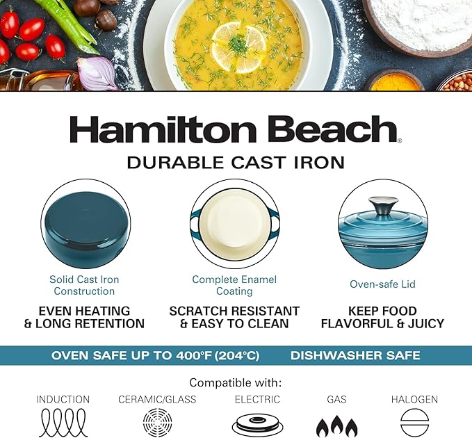 Hamilton Beach 3-Quart Enameled Cast Iron Dutch Oven Navy with Cream Interior | Even Heat Distribution &amp Easy-Grip Handles | Ideal for Braising RoastingStewing &amp Bread Baking