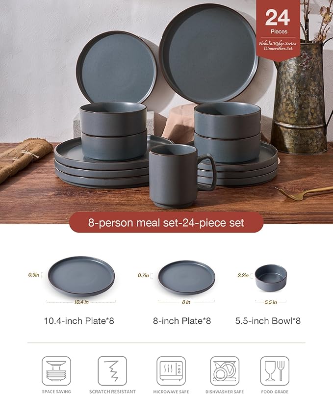 Famiware Nebula Ridge Stoneware Dinnerware Sets for 8 24 Pieces Plates and Bowls Sets Dishes Set Microwave and Dishwasher Safe Kitchen Plates Charcoal