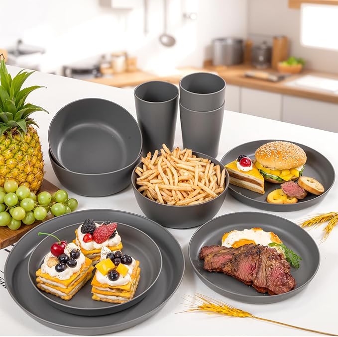 EI 24pcs Wheat Straw Dinnerware SetDark Grey Plates and Bowls SetsUnbreakable Dinner PlatesReuasble Plastic PlateMicrowave Dishwasher Safe for CampingPicnincFamily Dinner