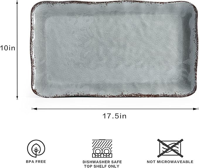 LEHAHA Melamine Crackled Rustic Serving Platter Set of 2 Farmhouse Large Rectangle Trays for Food Entertaining and Party Use 17.5x 10 Grey