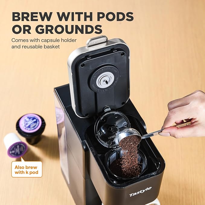 Single Serve Coffee Maker Iced and Hot Coffee Machine for K Cup &amp Grounds Compact Design 40oz Removable Water Reservoir 6 to 24 Oz Brew Sizes Fits 7.3 Travel Mug Black