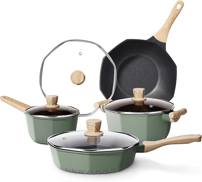 RealCool Pots and Pans Set Non Stick 8 Pieces Induction Cookware Octagon Nonstick Kitchen Cookware Sets with Frying Pans/Casserole/Saucepan(PFOS PFOA Free)