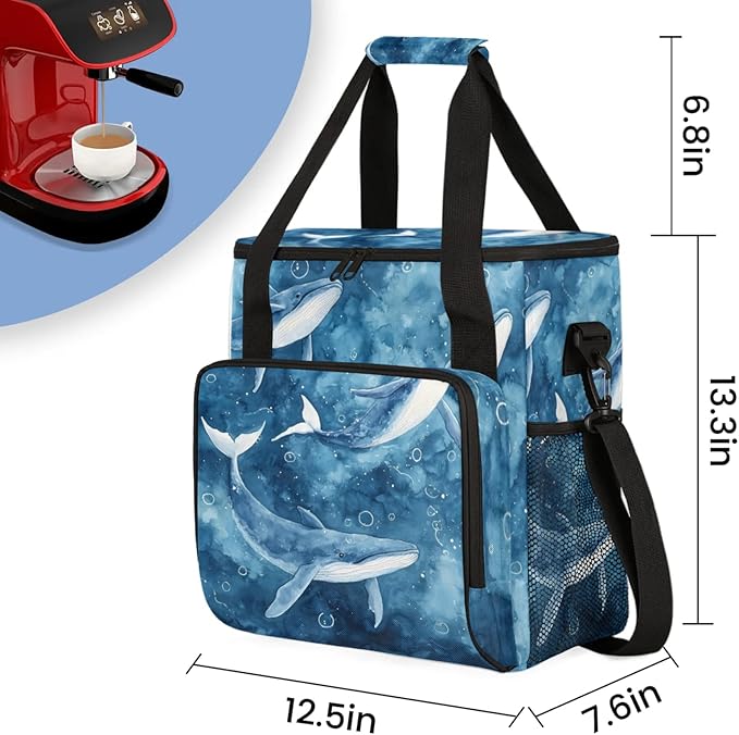 Watercolor Whales Coffee Maker Travel Bag for Keurig K-Mini/K-Mini Plus Insulated Waterproof Tote with Pockets Portable Single-Serve Brewer Case