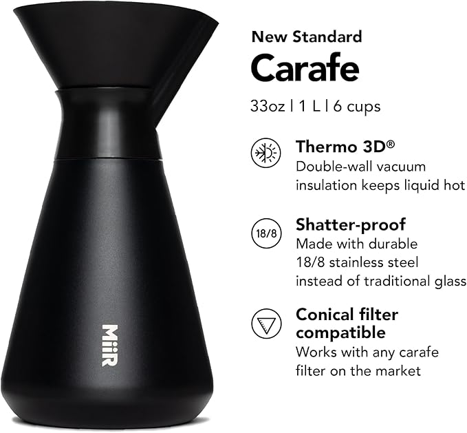 MiiR New Standard Carafe 33oz Shatterproof Durable Double-Wall Vacuum Insulated Coffee Carafe for Pour Over Coffee