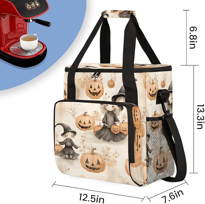 Pumpkin Halloween Witch Coffee Maker Carrying Bag Travel Storage Bag Compatible with K-Mini or K-Mini Plus Single Serve Coffee Brewer Carrying Case with Multiple Pockets &amp Shoulder Strap